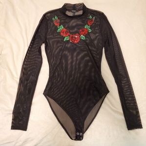 Forever21 Mesh bodysuit with sequins roses